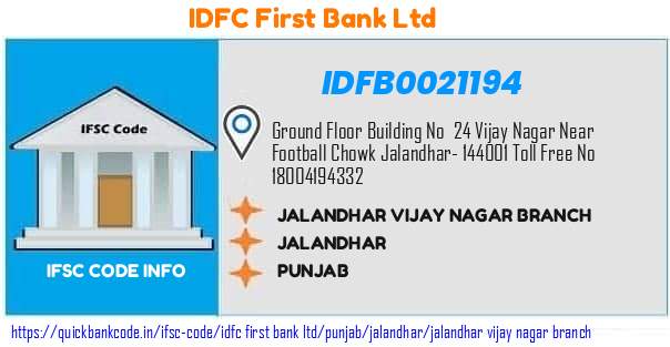 Idfc First Bank Jalandhar Vijay Nagar Branch IDFB0021194 IFSC Code