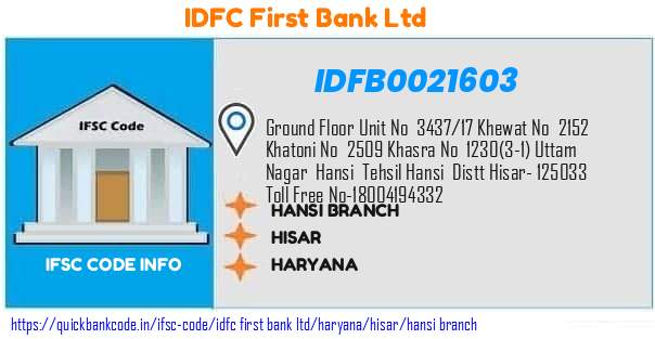 Idfc First Bank Hansi Branch IDFB0021603 IFSC Code