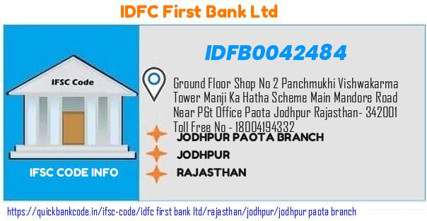 Idfc First Bank Jodhpur Paota Branch IDFB0042484 IFSC Code