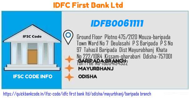 Idfc First Bank Baripada Branch IDFB0061111 IFSC Code