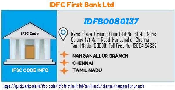 Idfc First Bank Nanganallur Branch IDFB0080137 IFSC Code