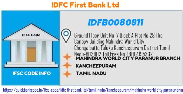 Idfc First Bank Mahindra World City Paranur Branch IDFB0080911 IFSC Code