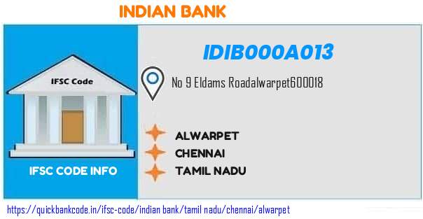 Indian Bank Alwarpet IDIB000A013 IFSC Code