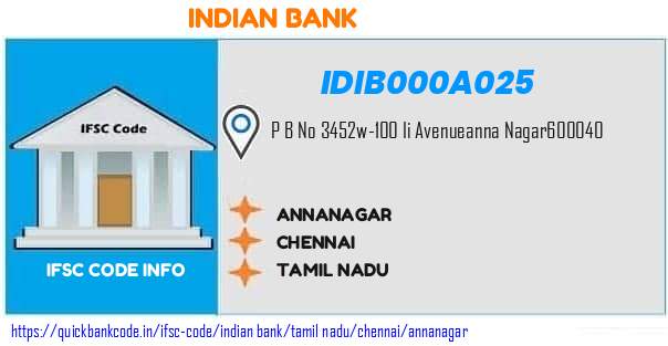 Indian Bank Annanagar IDIB000A025 IFSC Code