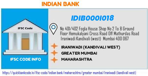 Indian Bank Iraniwadi kandivali West IDIB000I018 IFSC Code