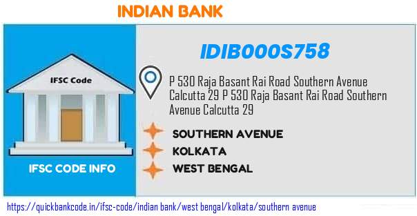 Indian Bank Southern Avenue IDIB000S758 IFSC Code