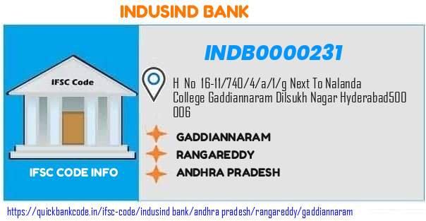 Indusind Bank Gaddiannaram INDB0000231 IFSC Code