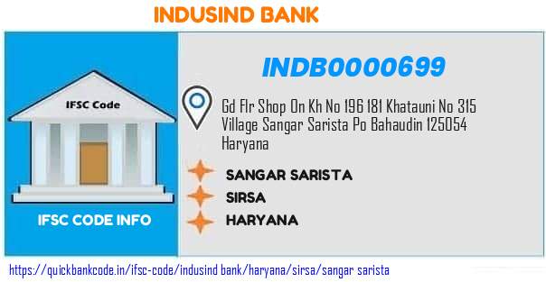 Indusind Bank Sangar Sarista INDB0000699 IFSC Code