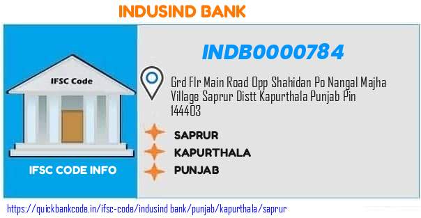 Indusind Bank Saprur INDB0000784 IFSC Code