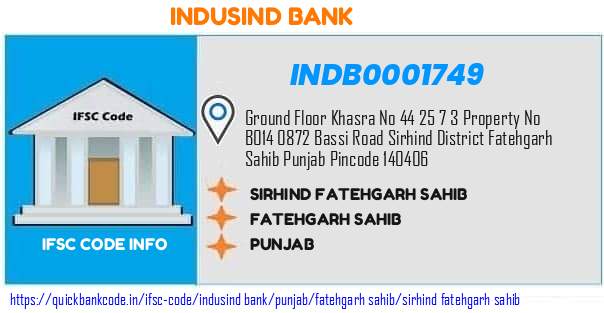 Indusind Bank Sirhind Fatehgarh Sahib INDB0001749 IFSC Code