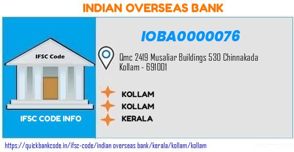 Indian Overseas Bank Kollam IOBA0000076 IFSC Code