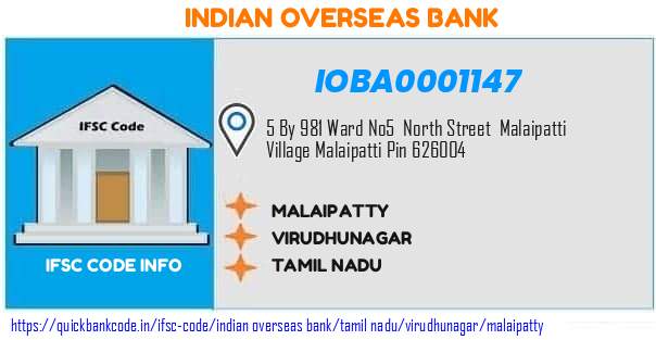 Indian Overseas Bank Malaipatty IOBA0001147 IFSC Code