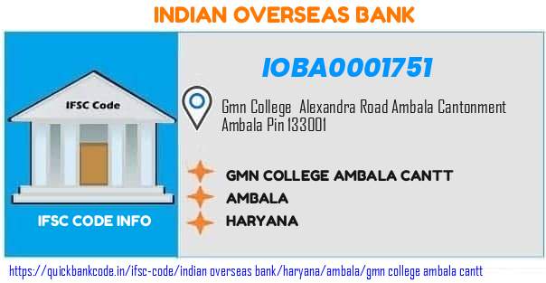 Indian Overseas Bank Gmn College Ambala Cantt IOBA0001751 IFSC Code