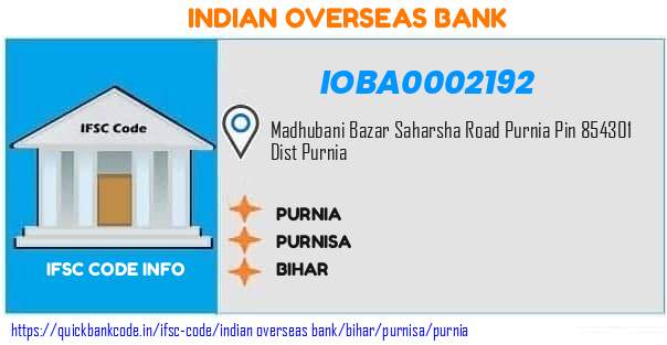 Indian Overseas Bank Purnia IOBA0002192 IFSC Code