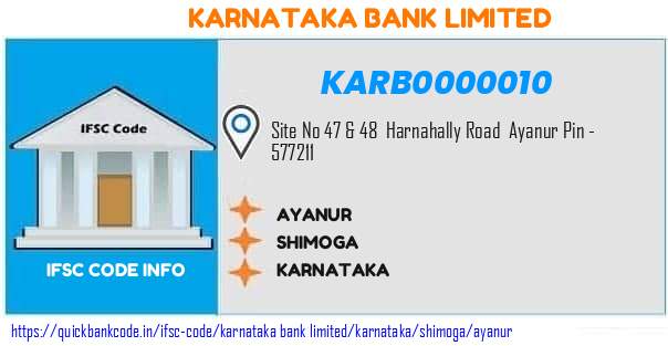 KARB0000010 Karnataka Bank. AYANUR