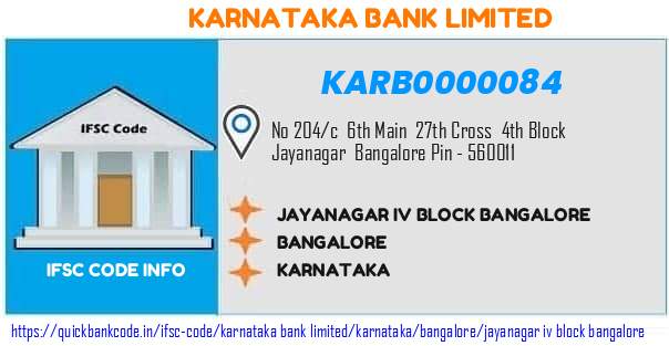 Karnataka Bank Jayanagar Iv Block Bangalore KARB0000084 IFSC Code