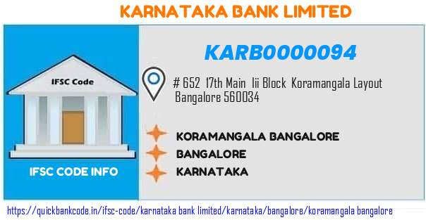 Karnataka Bank Koramangala Bangalore KARB0000094 IFSC Code