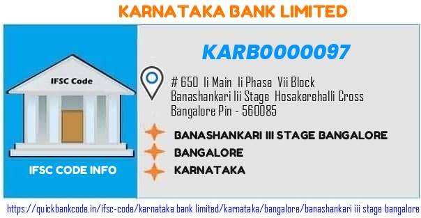 Karnataka Bank Banashankari Iii Stage Bangalore KARB0000097 IFSC Code
