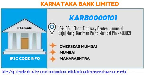 Karnataka Bank Overseas Mumbai KARB0000101 IFSC Code