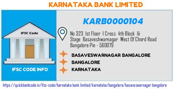 KARB0000104 Karnataka Bank. BASAVESWARNAGAR BANGALORE