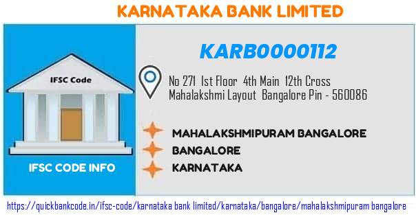 Karnataka Bank Mahalakshmipuram Bangalore KARB0000112 IFSC Code