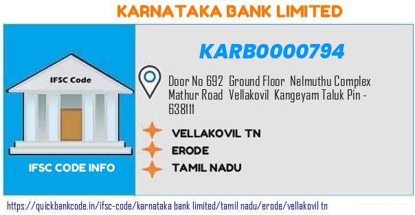Karnataka Bank Vellakovil Tn KARB0000794 IFSC Code