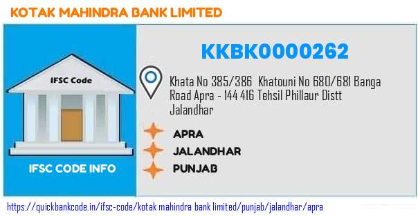 Kotak Mahindra Bank Apra KKBK0000262 IFSC Code