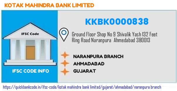 Kotak Mahindra Bank Naranpura Branch KKBK0000838 IFSC Code