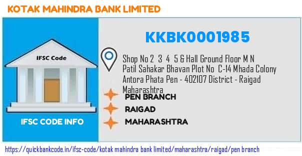 Kotak Mahindra Bank Pen Branch KKBK0001985 IFSC Code