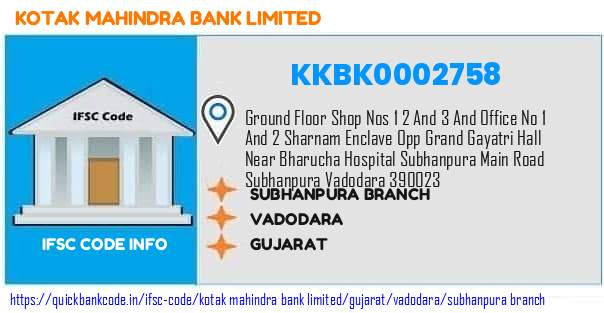 Kotak Mahindra Bank Subhanpura Branch KKBK0002758 IFSC Code
