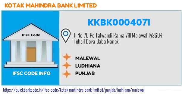 Kotak Mahindra Bank Malewal KKBK0004071 IFSC Code