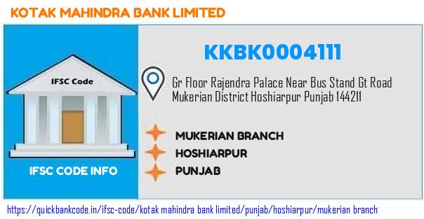 KKBK0004111 Kotak Mahindra Bank. MUKERIAN BRANCH