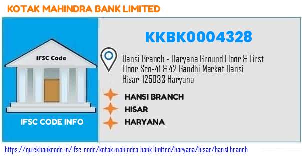 Kotak Mahindra Bank Hansi Branch KKBK0004328 IFSC Code