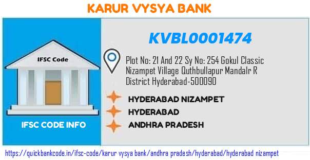 Karur Vysya Bank Hyderabad Nizampet KVBL0001474 IFSC Code