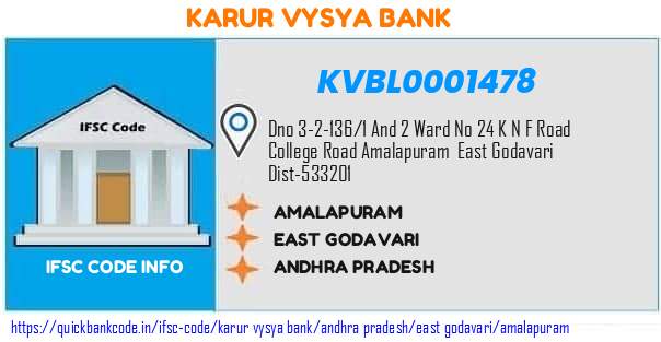 Karur Vysya Bank Amalapuram KVBL0001478 IFSC Code
