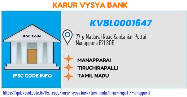 Karur Vysya Bank Manapparai KVBL0001647 IFSC Code