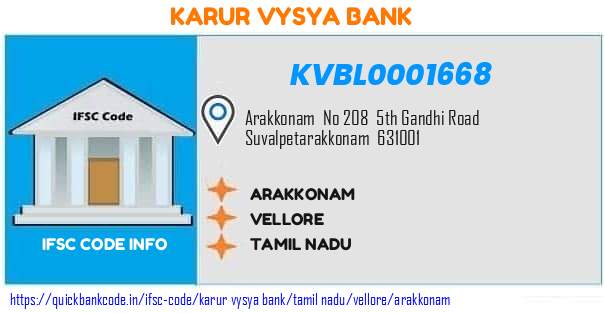 Karur Vysya Bank Arakkonam KVBL0001668 IFSC Code