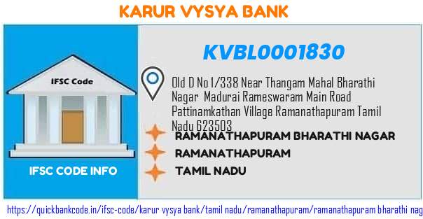 Karur Vysya Bank Ramanathapuram Bharathi Nagar KVBL0001830 IFSC Code