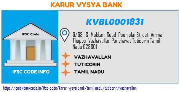 Karur Vysya Bank Vazhavallan KVBL0001831 IFSC Code