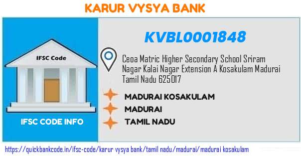 Karur Vysya Bank Madurai Kosakulam KVBL0001848 IFSC Code