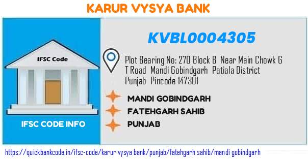 Karur Vysya Bank Mandi Gobindgarh KVBL0004305 IFSC Code