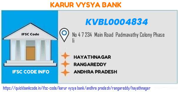 Karur Vysya Bank Hayathnagar KVBL0004834 IFSC Code