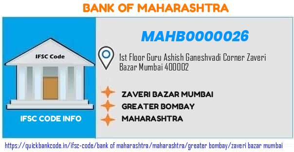 Bank of Maharashtra Zaveri Bazar Mumbai MAHB0000026 IFSC Code