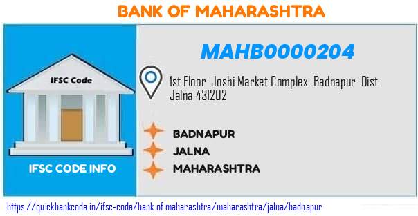 Bank of Maharashtra Badnapur MAHB0000204 IFSC Code