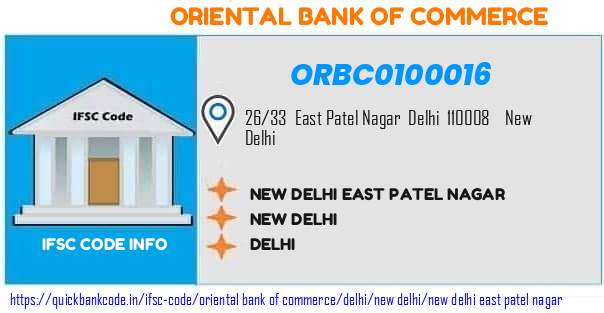 Oriental Bank of Commerce New Delhi East Patel Nagar ORBC0100016 IFSC Code