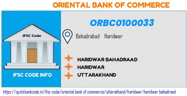 Oriental Bank of Commerce Haridwar Bahadraad ORBC0100033 IFSC Code