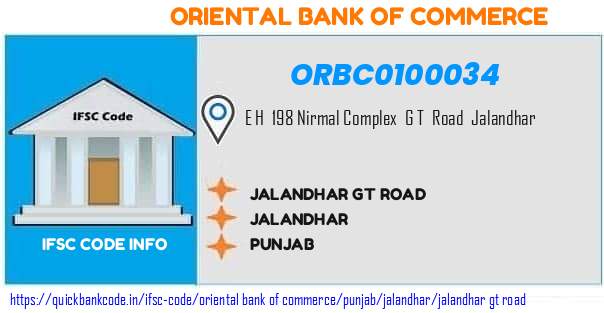 Oriental Bank of Commerce Jalandhar Gt Road ORBC0100034 IFSC Code