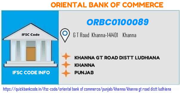 Oriental Bank of Commerce Khanna Gt Road Distt Ludhiana ORBC0100089 IFSC Code