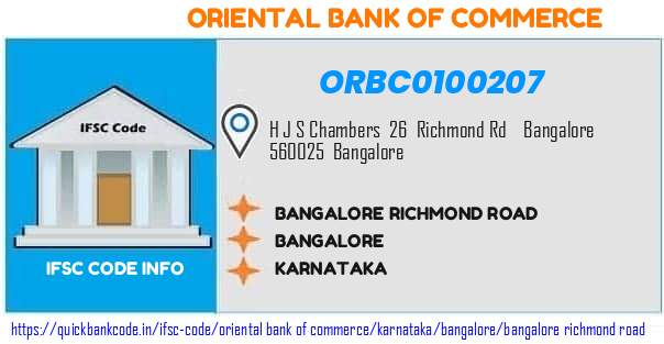 Oriental Bank of Commerce Bangalore Richmond Road ORBC0100207 IFSC Code