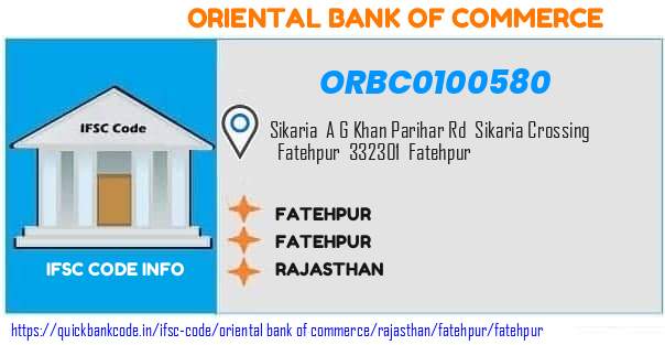 Oriental Bank of Commerce Fatehpur ORBC0100580 IFSC Code